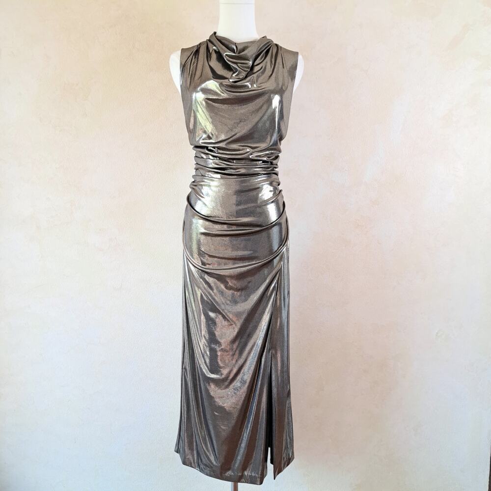 Vince Camuto Liquid Metallic Cowl Neck Midi Dress Size 12 Ruched Pewter Cocktail - Picture 2 of 13